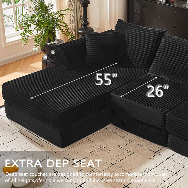 English Elm 102" Modular Cloud Sectional Corduroy Sofa with Reversible Chaise for Living Room Black W5638S00003