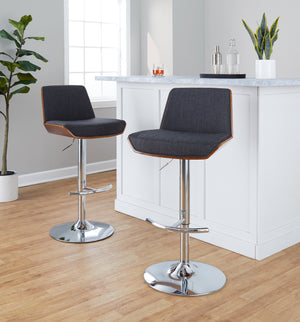 English Elm Adjustable Swivel Barstools Mid Century Walnut Chrome Charcoal Fabric Set of 2 B202S02173