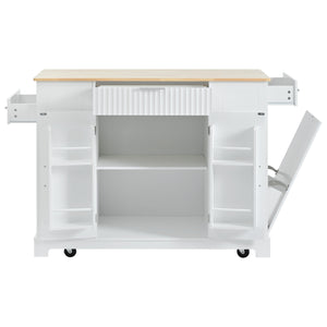 English Elm K&K Fluted Kitchen Island With Trash Can Storage Cabinet, Power Outlet, Internal Storage Rack, Rolling Kitchen Islands On 5 Wheels With 3 Drawer, 3 Open Side Racks For 10 Gallon Garbage Bin, White