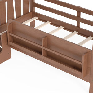 English Elm Twin Pine Floor Bed for Kids with Side Bookcases Built-in Stairs and Safety Guardrails Natural W1580P390215