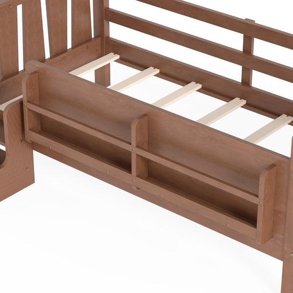 English Elm Twin Pine Floor Bed for Kids with Side Bookcases Built-in Stairs and Safety Guardrails Natural W1580P390215