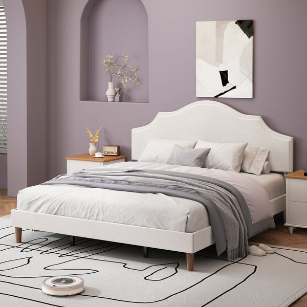 English Elm King Upholstered Platform Bed King Size Linen Fabric Padded Frame, Adjustable Headboard 32.9–37" White W1716P371759