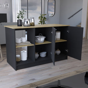 English Elm Juniper Kitchen Island with Spacious 59" Worktop, Double-Door Storage and Open Shelving for Cooktops Black + Dark Walnut 64 L x 29 W x 3 H B200S00396