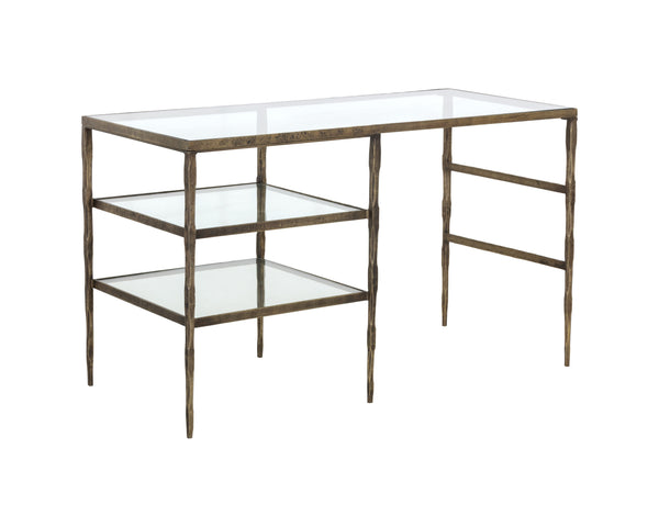Sunpan Bruna Desk - Hand-Hammered Steel Frame with Antique Brass Finish & Clear Glass Top for Unique Style