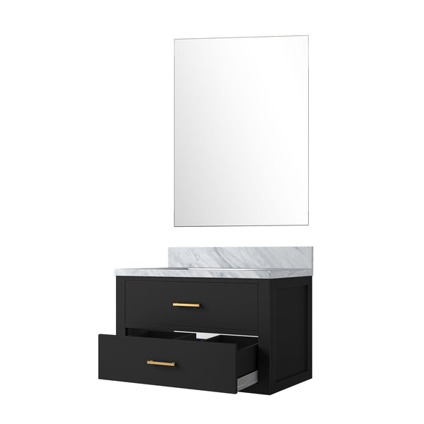 English Elm Black Single Bath Vanity With Carrara Marble Countertop & Mirror - Modern Space-Saving Elegance B2731S01428