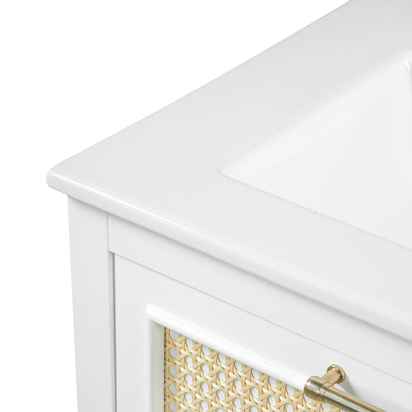 English Elm 24" Rattan Front Bathroom Vanity with Ceramic Sink Deep Drawer Storage Mdf Cabinet White N710P293990K