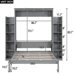 English Elm Full Size Murphy Wall Bed with Led Lighting Open Shelves Space Saving Cabinet Gray LP000694AAE-2