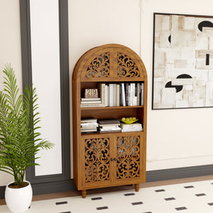 English Elm Vintage Hand-carved Solid Wood Bookcase Tall Arched Open Shelf Cabinet for Living Room W3123P485777