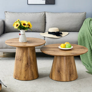 English Elm Nested Round Coffee Table Set Two Piece Wood Grain Veneer for Living Room or Office W2920S00112