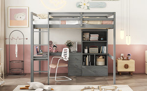 English Elm Full Size Loft Bed With Desk, Storage Solutions, Built-In Ladder & Guardrails For Safe Use In Grey W504S00160