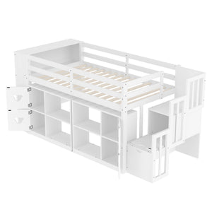 English Elm Twin Kids Low Loft Bed with Stair Drawers Built-in Led Shelving and Bear Handles W697S00039