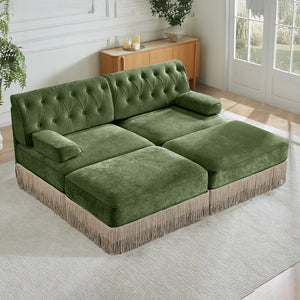 English Elm With Tufted Velvet Sectional Sofa Two Ottomans Tassel Skirt French Chesterfield Living Room Green W714S01745