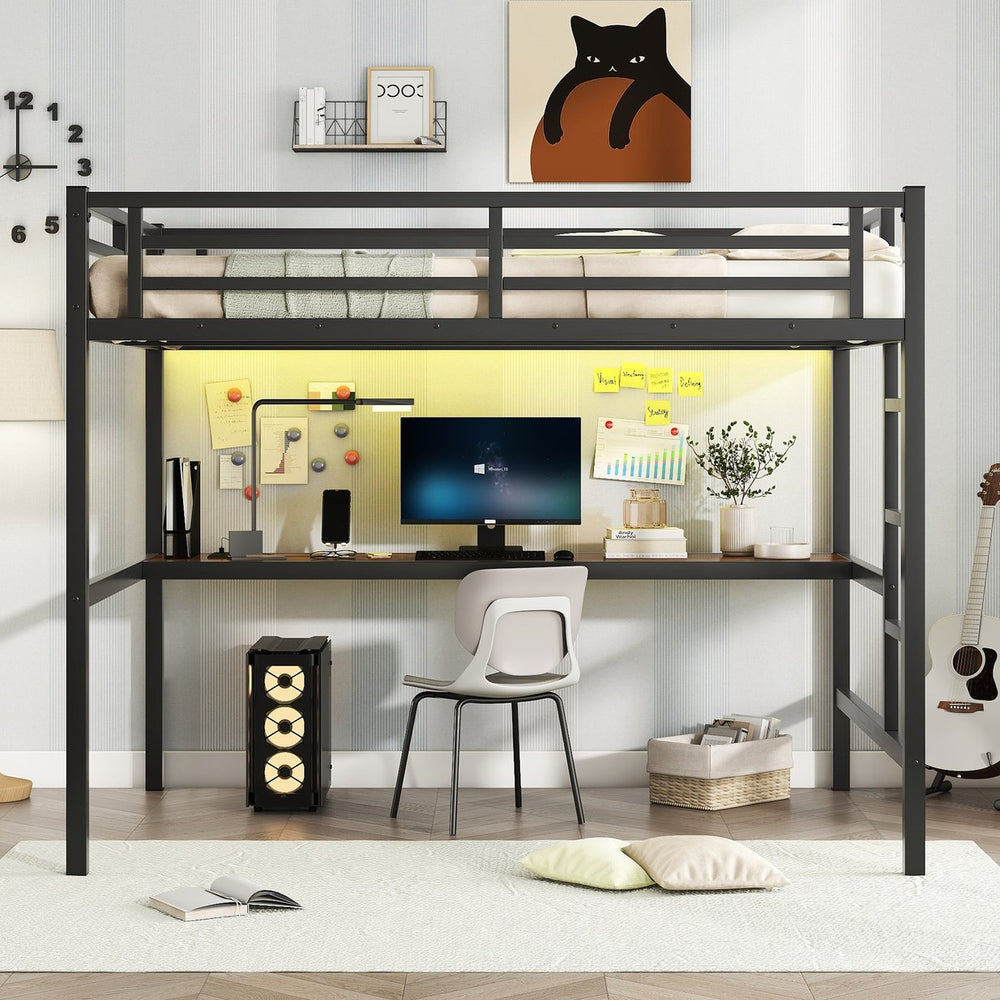 English Elm Metal Full Size Loft Bed with Desk, USB Power & RGB LED Lighting, Space-Saving Black Frame W1580P251091