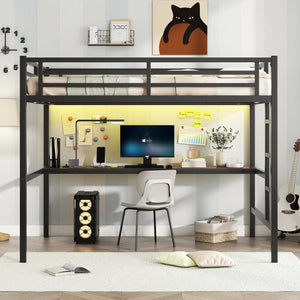 English Elm Metal Full Size Loft Bed with Desk, USB Power & RGB LED Lighting, Space-Saving Black Frame W1580P251091