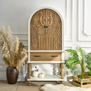 English Elm 31.50" Floral Carved Wood Accent Cabinet with Arched Doors Drawer and Shelf W3933P379106
