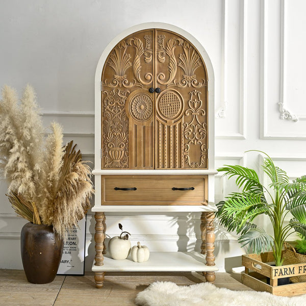 English Elm 31.50" Floral Carved Wood Accent Cabinet with Arched Doors Drawer and Shelf W3933P379106