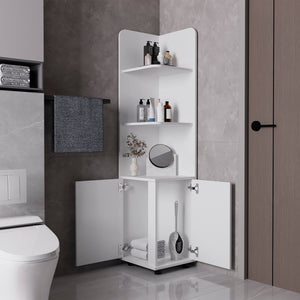 English Elm Klay Tall 2-Door 4-Shelf White Corner Storage Cabinet — Space-Saving Bathroom Organizer with Metal Handles and Ample Shelving B062103272