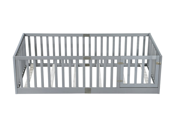 English Elm Twin Floor Bed Solid Rubber Wood with Tall Safety Railings for Toddler Sleep Grey W504P287651