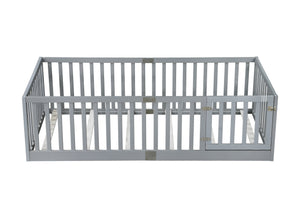 English Elm Twin House Frame Floor Bed Rubberwood with Roof Canopy and Safety Rails for Kids Grey W504P429537