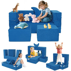 English Elm 5-piece Modular Foam Play Couch Velvet Toddler Sofa Foldable Kids Playroom Set Blue T5880P493435