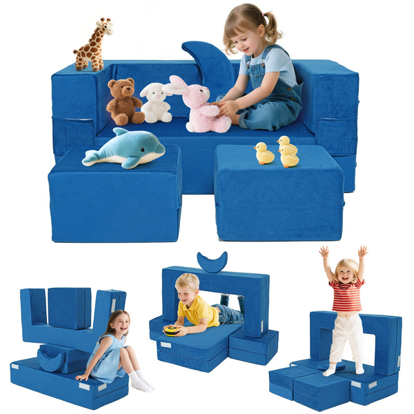 English Elm 5-piece Modular Foam Play Couch Velvet Toddler Sofa Foldable Kids Playroom Set Blue T5880P493435