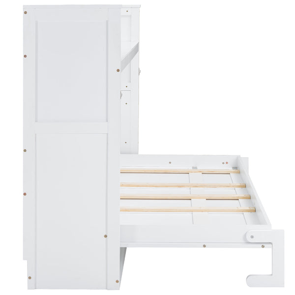 English Elm Twin XL Murphy Bed with Desk, LED Lighting and USB Charging Station — Space-Saving Solid Pine Design White N7090005001W