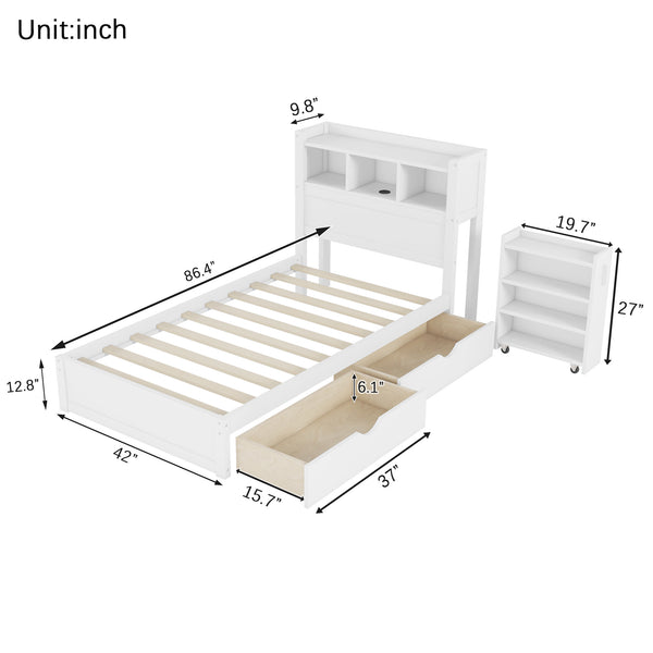 English Elm Twin Wood Storage Bed with Led Headboard Drawers and Pull Out Cabinet for Kids White W2593S00048