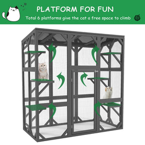 English Elm Catio Wooden Outdoor Cat Enclosure Six Tier Climbing Habitat with Waterproof Polycarbonate Roof W1850P188227