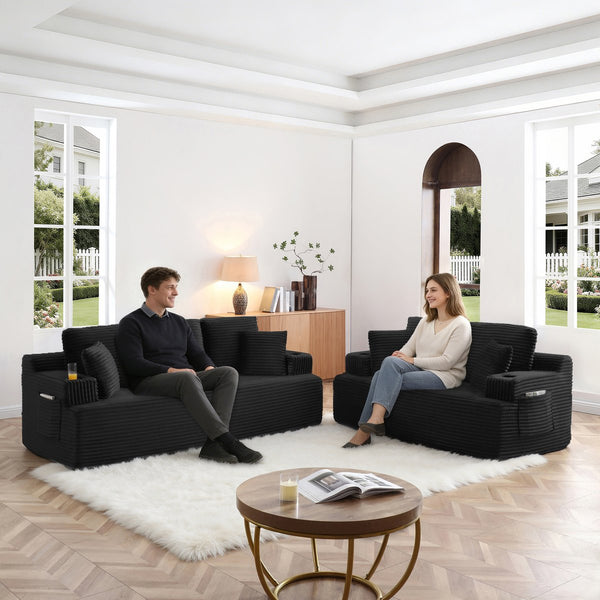 English Elm Boneless Floor Sofa Corduroy Upholstered 5 Seat Low Profile with Cup Holders for Living Room Black W1117S00435