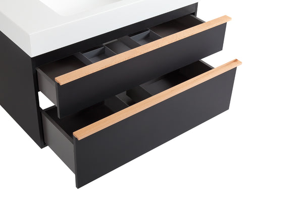 English Elm VELA 36 Inch Wall Mounted Bathroom Vanity with Integrated Acrylic Sink, Dual Wood Handles, Soft-Close Drawers, Matte Finish Black W3235P327618