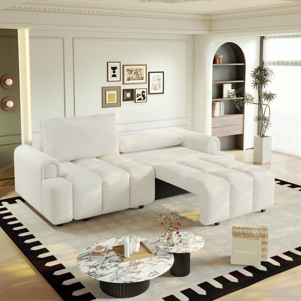 English Elm 90.2" Plush Teddy Fabric Convertible Sleeper Sofa with Hidden Storage for Living Room Beige+White W1885S00311