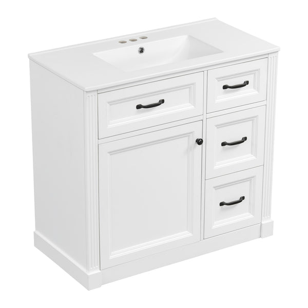 English Elm 36 Inch Bathroom Vanity With Sink – Modern Design, Soft-Close Drawers & Adjustable Storage Shelf, White Finish N725P336549K