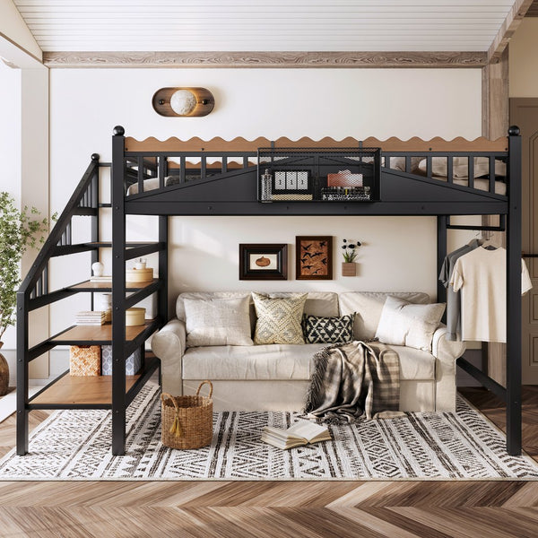 English Elm Twin Xl Metal Loft Bed with Stair Storage Shelves Sturdy Steel Frame for Dorms W1580S00379