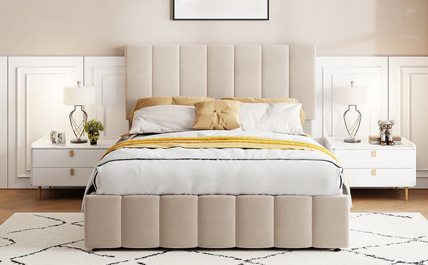 English Elm Full Size Linen Upholstered Platform Bed with Hydraulic Lift Storage and Foam Headboard N708P201551A