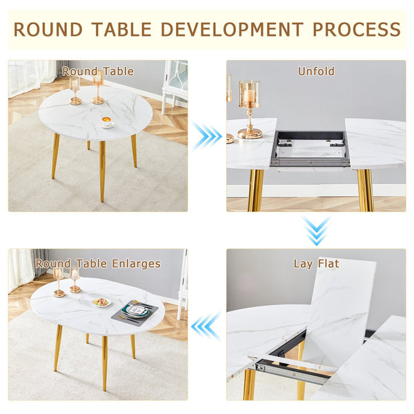 English Elm Table and Chair Set Extendable Mdf Round Oval Dining with Gold Arched Legs White+Gold W1151S03950