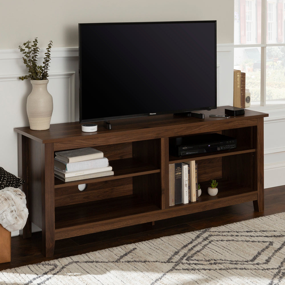 English Elm Walker Edison - Classic Open-Storage TV Stand Dark Walnut — Warp-Resistant MDF, 4 Open Compartments, 2 Adjustable Shelves, 65" TV Capacity, 250lb Support B185P244221