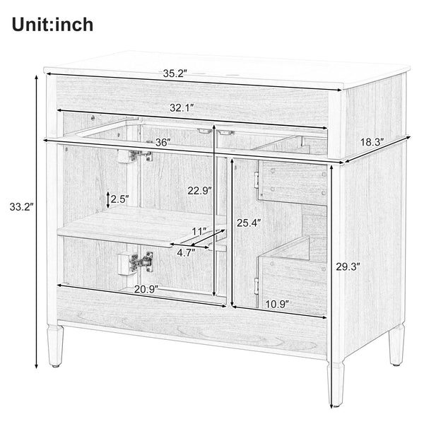 English Elm 36" Modern Bathroom Vanity with Ceramic Sink, Solid Rubber Wood & MDF, Flip Drawer, Soft-Close Doors N725P350825N