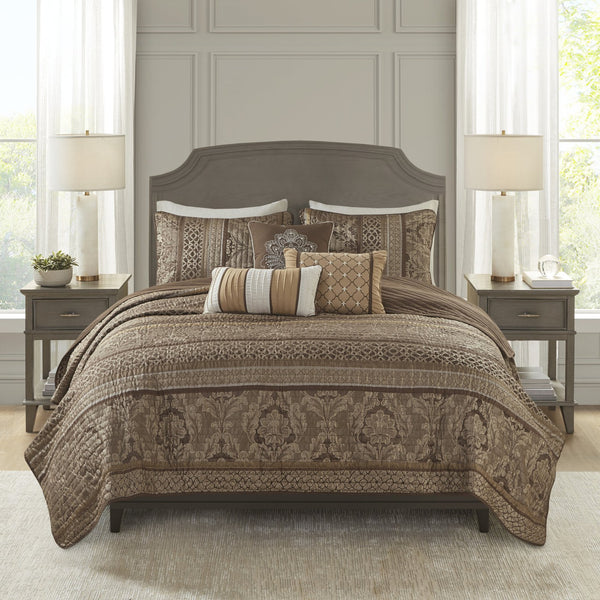 English Elm 6 Piece Bellagio Jacquard Quilt Set Reversible Full/Queen with Embroidered Leaf Motifs & Pillows Brown+Gold 22.44 L x 17.32 W x 12.2 H B03597483