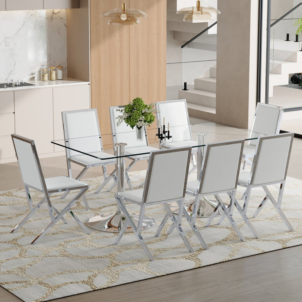 English Elm Table and Chair Set Tempered Glass Top with Silver Metal Frames Seats 8 Dining White+Silver W1151S04765
