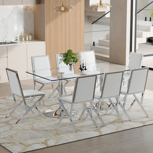 English Elm Table and Chair Set Tempered Glass Top with Silver Metal Frames Seats 8 Dining White+Silver W1151S04765