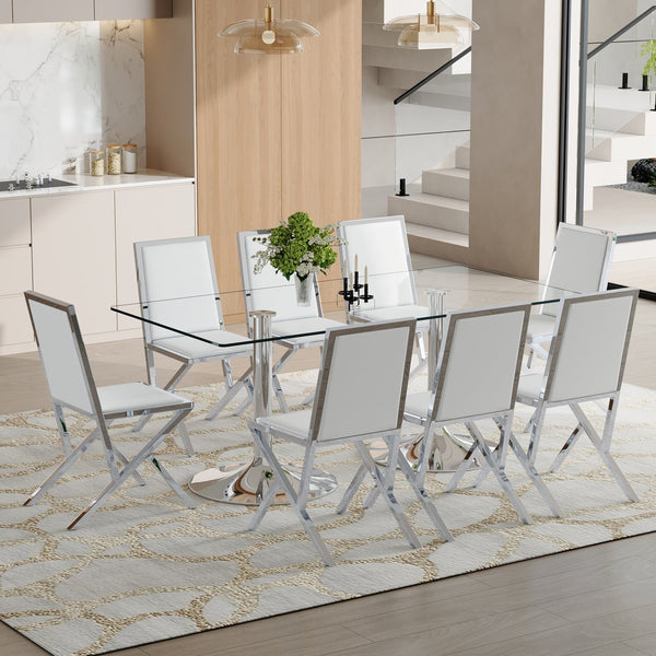 English Elm Table and Chair Set Tempered Glass Top with Silver Metal Frames Seats 8 Dining White+Silver W1151S04765