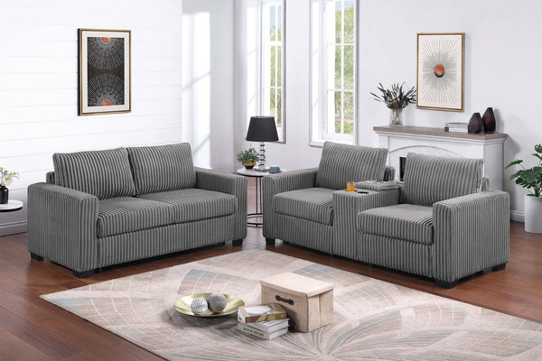 English Elm Modern Corduroy Sofa and Loveseat Set with Cup Holders Charging Station Living Room Smoke B011S02206