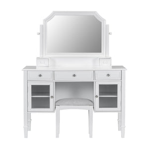 English Elm 44.4" Elegant Makeup Vanity Desk with Swivel Mirror, 5 Drawers, Cabinets & Padded Stool — White N844P292486A