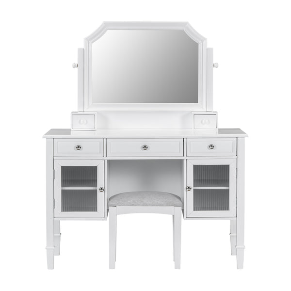 English Elm 44.4" Elegant Makeup Vanity Desk with Swivel Mirror, 5 Drawers, Cabinets & Padded Stool — White N844P292486A