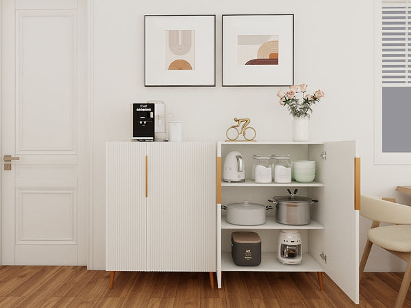 English Elm Modern White Sideboard with Gold Handles - Ancient White Engineered Wood Buffet, Durable Storage Organizer W2139P306488