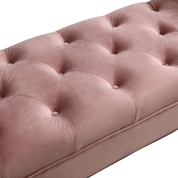 English Elm Upholstered Velvet Tufted Bench with Bolster Pillows Solid Oak Legs Bedroom Entryway Pink N761P304407H