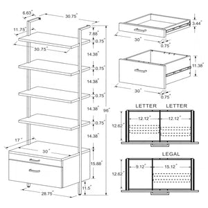 English Elm Wendell Rustic Walnut 4-Shelf Wall Bookcase with Drawer — Space-Saving Engineered Wood Storage, 96" high B062P375508
