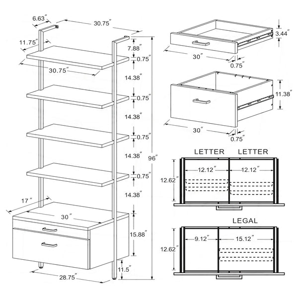 English Elm Wendell Rustic Walnut 4-Shelf Wall Bookcase with Drawer — Space-Saving Engineered Wood Storage, 96" high B062P375508