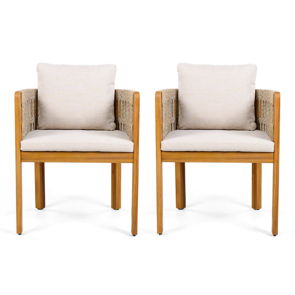 English Elm Acacia Wood Outdoor Dining Chair Set with Rope Arms and Waterproof Cushions N779P279983M
