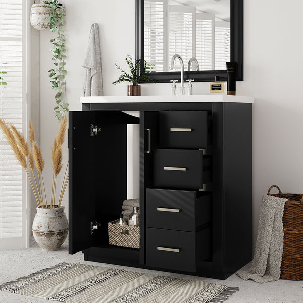 English Elm 30'' Bathroom Vanity With Ceramic Sink - Retro Freestanding Storage Cabinet, Soft-Close Drawers & Doors N710P191947B